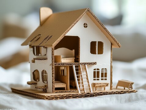 Cardboard recycle and repurpose concept. Cardboard dollhouses featuring intricate rooms, ideal for children's playtime or decor, showcasing detailed craftsmanship and imaginative design.