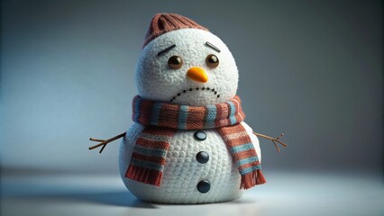 melting very sad expression snowman with a sagging scarf and half-closed eyes, isolated solid background