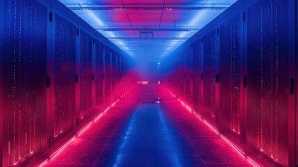 An otherworldly scene with vibrant neon lights creating a corridor surrounded by thick, creeping fog and a sense of mystery