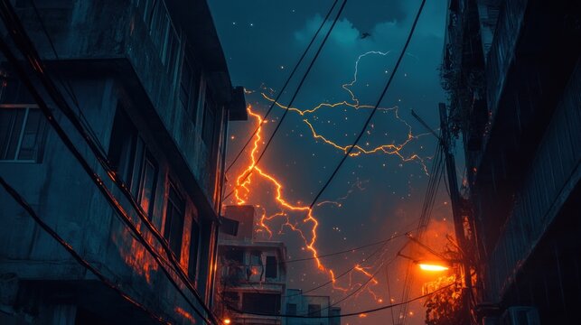 dramatic urban scene with lightning illuminating a narrow street at night.