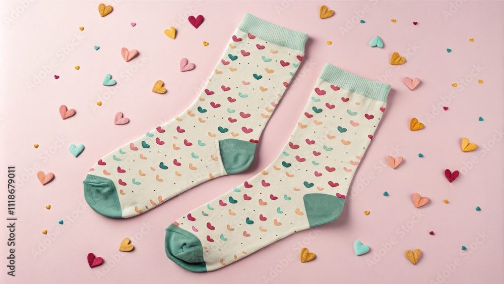 Poster two socks with a colorful heart pattern lie on a pink background, surrounded by small colorful heart