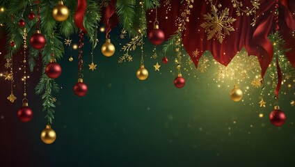 Christmas ornaments, red and gold, hang from a dark green background with red fabric. Sparkles and glitter are visible.

