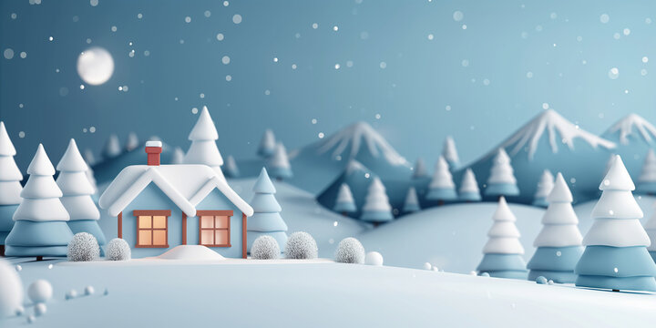 Christmas card illustration in 3D style. Winter village houses in snowy landscape with Christmas trees. Design for greeting card, poster, banner with copy space.