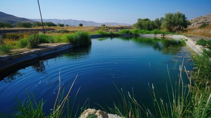 Obraz premium A serene nature peatland with pools of dark water surrounded by lush grasses and mosses, the sky clear and blue above
