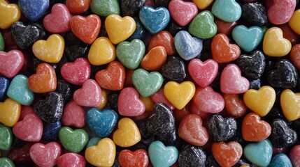 A mesmerizing array of heart-shaped candies in various colors fills the scene, inviting a sense of joy and nostalgia. Each candy glistens under soft light, enhancing the playful atmosphere