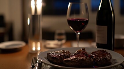 romantic dinner featuring steak, red wine, and candles on a cozy table setting.