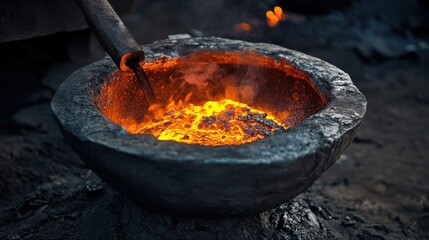 Molten metal glowing in a stone crucible.