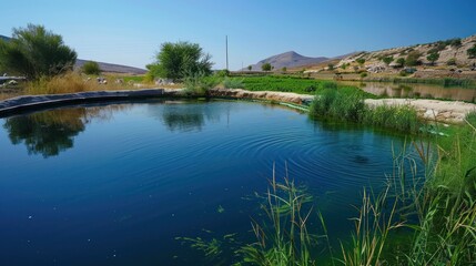 Obraz premium A serene nature peatland with pools of dark water surrounded by lush grasses and mosses, the sky clear and blue above