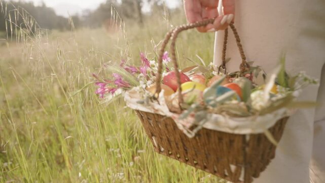 A Woman Holds a Basket Brimming with Colorful Easter Eggs and Flowers, Walking Through a Sunlit Field. Slow motion.