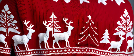 close up of a knitted red and white christmas sweater pattern with reindeer and trees