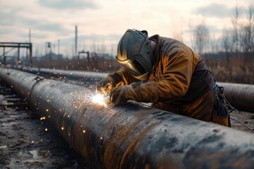 Industrial welder working on a large pipeline in an outdoor setting, wearing protective gear as sparks fly in a dynamic scene of precision and craftsmanship
