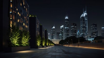 Fototapeta premium Night cityscape, illuminated buildings, paved walkway, urban scene.