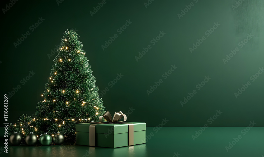 Poster three dimensional render of an abstract christmas background with a christmas tree and a gift box in