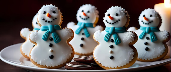 Closeupoffestivecookiesshapedlikesnowmenintricatelydecoratedwithicingdetails
