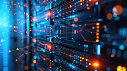 Obraz premium A zoomedin view of a network server humming with activity showcasing the efficient data transfer made possible by 5G technology.