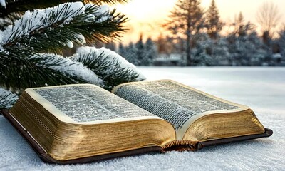 A book lies open on a snowy surface, framed by evergreen branches as the sun sets in the background, casting a warm glow - Powered by Adobe