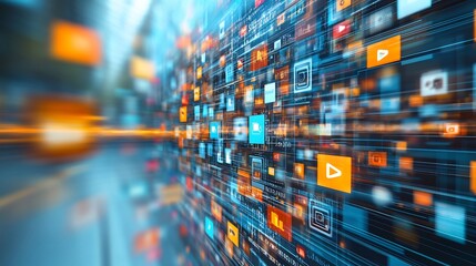 Dynamic marketing theme blurred camera icons and abstract social media symbols using bright colors to emphasize engagement