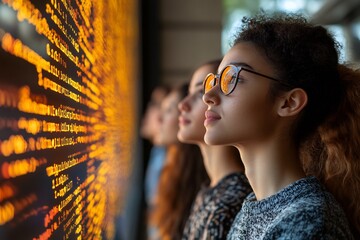 Digital business theme focusing tech workers with elements like tablets coding screens and futuristic patterns leaving ample copy space