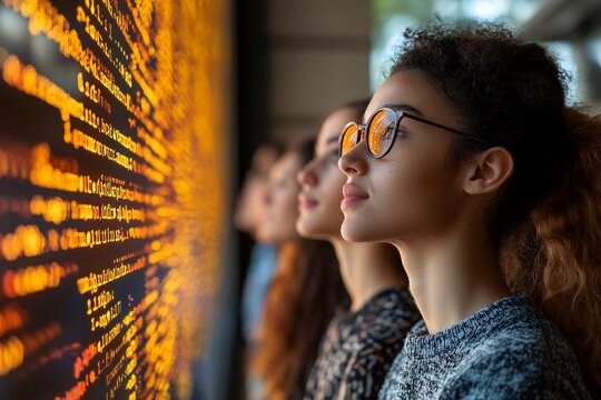 Digital business theme focusing tech workers with elements like tablets coding screens and futuristic patterns leaving ample copy space