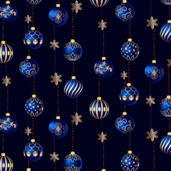 Christmas balls with gold decoration.Vector seamless pattern with beautiful Christmas balls and golden snowflakes on a blue background.