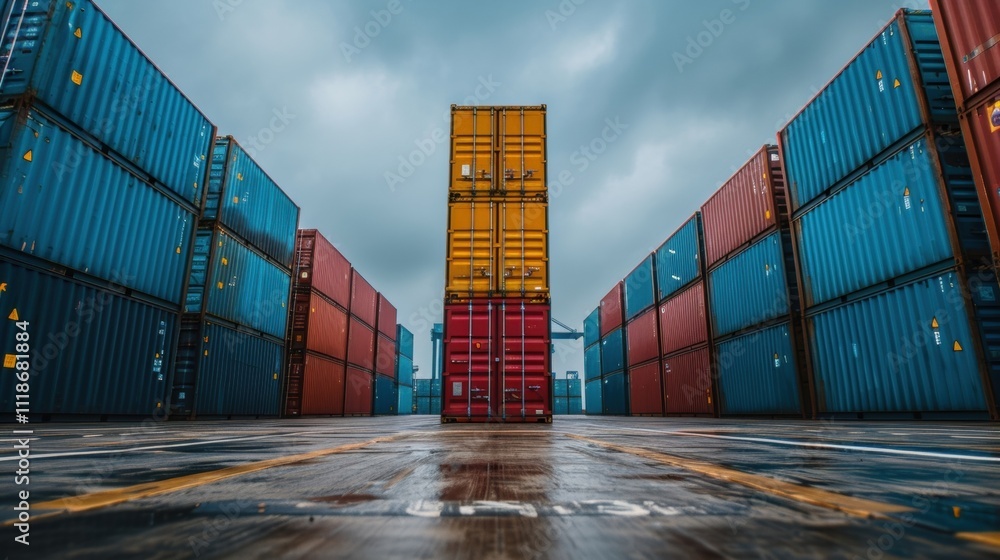 Poster a group of shipping containers stacked high on a dock illustrating the storage and space challenges 