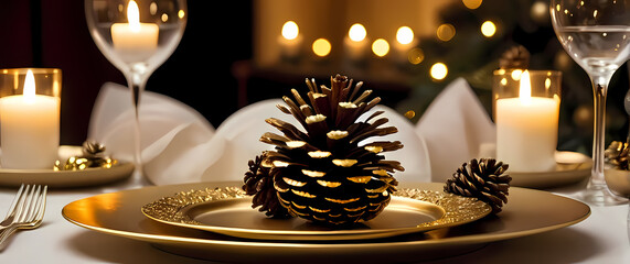Naklejka premium Detailedviewofaholidaytablesettingwithgoldrimmedplatesandapineconecenterpiece
