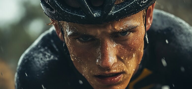 Close-up of a sweaty cyclist's determined face during a race, rain droplets visible.