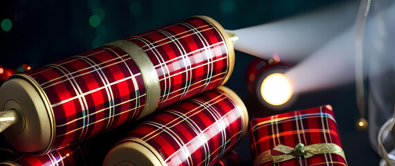 detailed view of christmas crackers in plaid patterns ready for a festive party