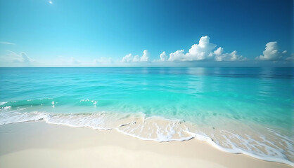 A pristine tropical seascape featuring crystal-clear turquoise waters, a white sand beach, and gentle waves lapping the shore.