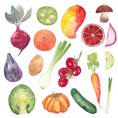 A set of watercolor illustrations of potatoes, cabbage, tomato, cucumber, onion, carrot and beetroot