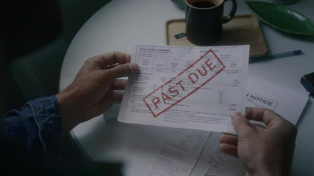 Over shoulder shot of poor anonymous man taking past due bill and eviction notice from table, having financial problems and no money to pay debts