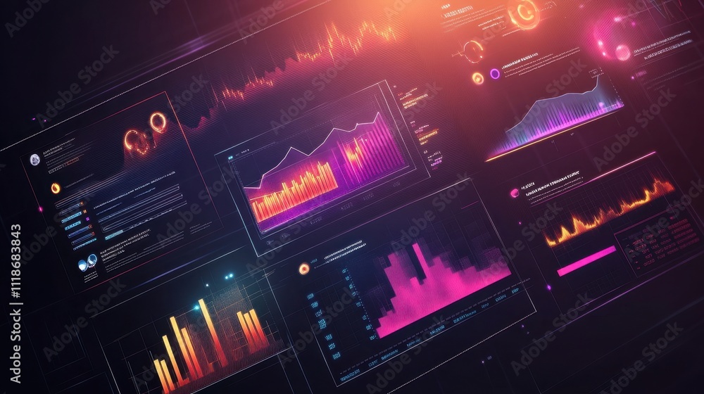 Poster a digital interface displaying colorful data visualizations and analysis graphs.
