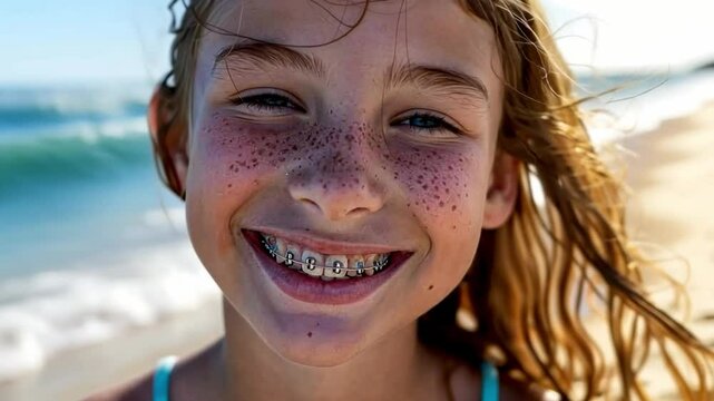 This image shows a happy girl at the beach. She has beautiful freckles and braces. The ocean waves create a serene backdrop. A perfect moment of summer joy. Generative AI
