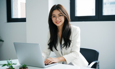 business woman in white suit sitting at desk with laptop, smiling confidently in modern office setting. She exudes professionalism and approachability