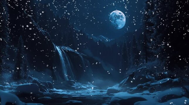 Majestic waterfall in lush forest under full moon with dreamy atmosphere  
Seamless looping 4k time-lapse virtual video animation Generated AI