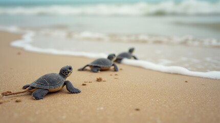 Tartarugas marinhas resc&eacute;m nascidas a caminho do mar.