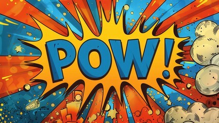 Pop art comic speech bubble with "POW!" text, bold font, and explosive background in vector illustration