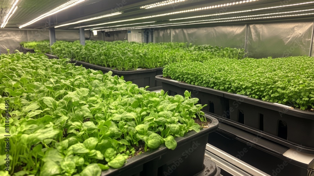 Poster rows of vibrant green seedlings grow in trays within a hydroponic garden. artificial lights illumina