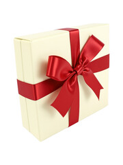 Elegant PNG Transparent Image of Cream-Colored Gift Box with Glossy Red Ribbon Bow - Perfect for Gift-Giving and Holiday Stock Photos
