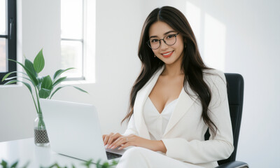 business woman in white suit sitting at table with laptop, smiling confidently. bright office setting enhances her professional demeanor