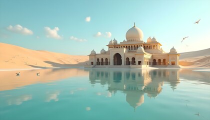 Stunning Oriental-style palace rising from an idyllic oasis, its intricate architecture reflected in the still waters, surrounded by the sweeping sands of the desert and a serene