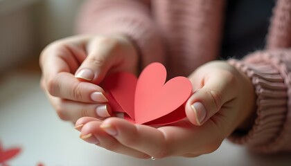 Woman hands making paper hearts. Origami garland. Symbol of love for valentines day, happy birthday, greetings, Mothers day, Women's day. Diy. Step by step.