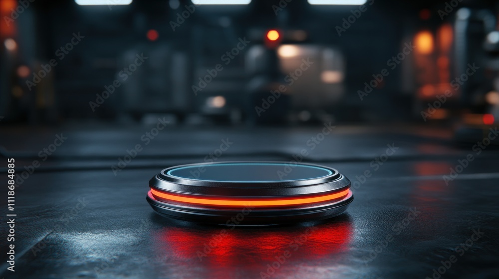 Poster modern technological device emits a soft red glow, resting on a sleek surface in a dim environment f
