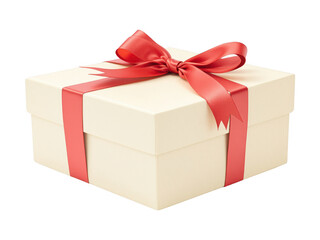 Elegant PNG Transparent Image of Cream-Colored Gift Box with Glossy Red Ribbon Bow - Perfect for Gift-Giving and Holiday Stock Photos