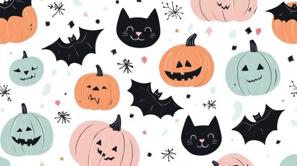 Fototapeta premium A whimsical Halloween-themed pattern featuring pumpkins, bats, and playful cats.