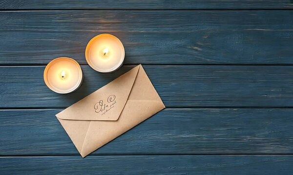 Soft candlelight illuminates a simple brown envelope placed on a dark blue wooden table, creating a cozy atmosphere perfect for relaxation