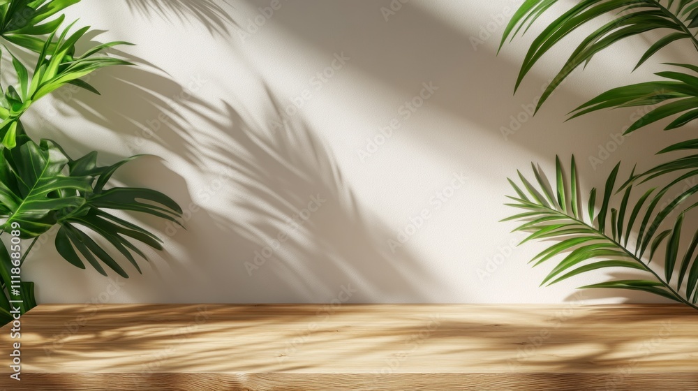 Poster sunlight filters through lush green leaves, creating intricate shadows on a smooth wooden surface. b