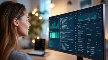 Focused individual examines detailed data visualizations on a computer monitor, surrounded by a well-lit, contemporary workspace indicating evening time