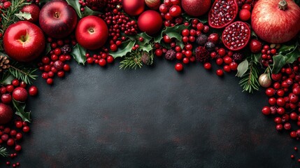 vibrant display of red apples, pomegranates, and berries combined with greenery creates an inviting atmosphere for winter festivities. Perfect for holiday decorations or seasonal recipes