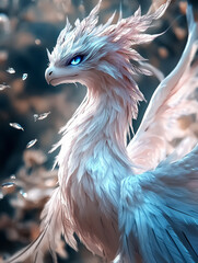 Majestic white phoenix with stunning blue eyes and layered feathers, perfect for wall art, posters, and enchanting digital decorations.